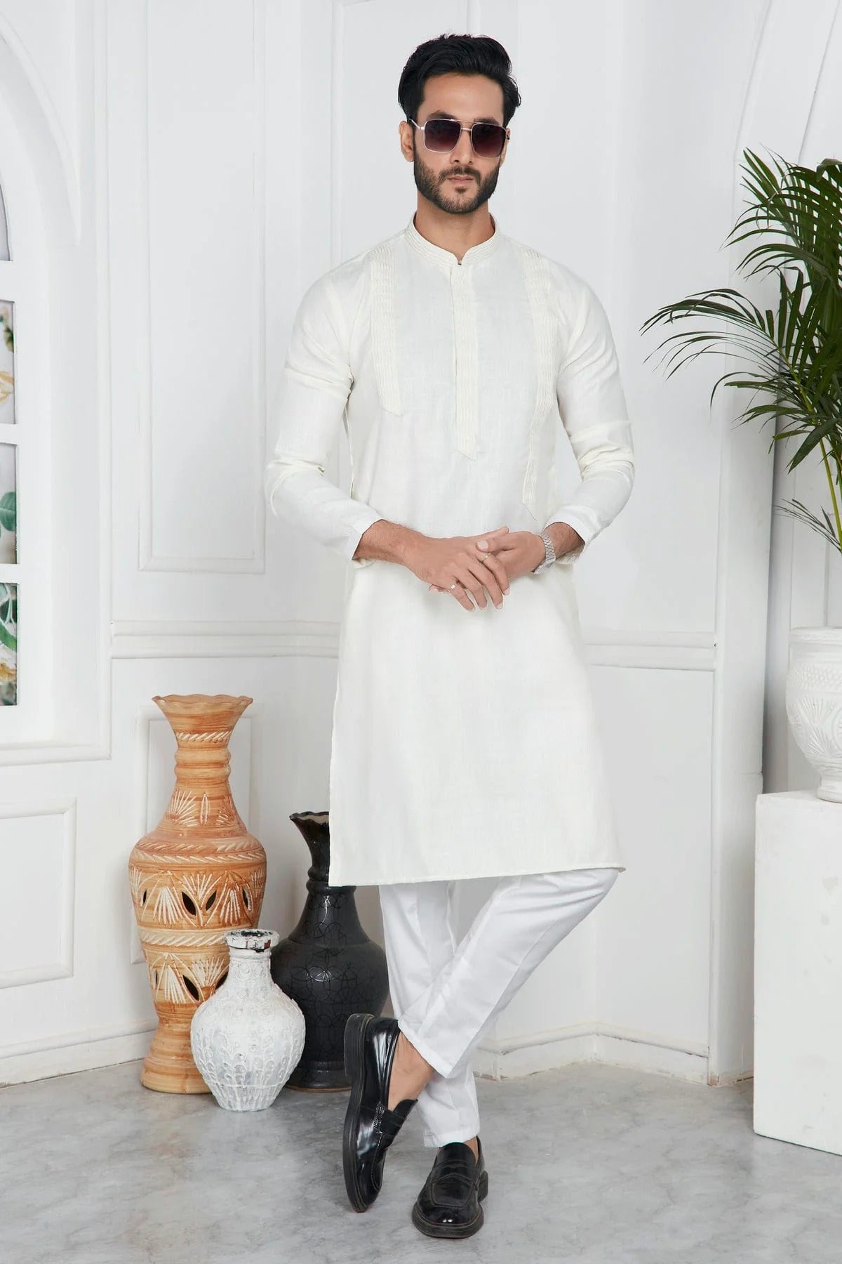 Cream Colour Linen Cotton Pintex Work Kurta Pajama KP1230124 A