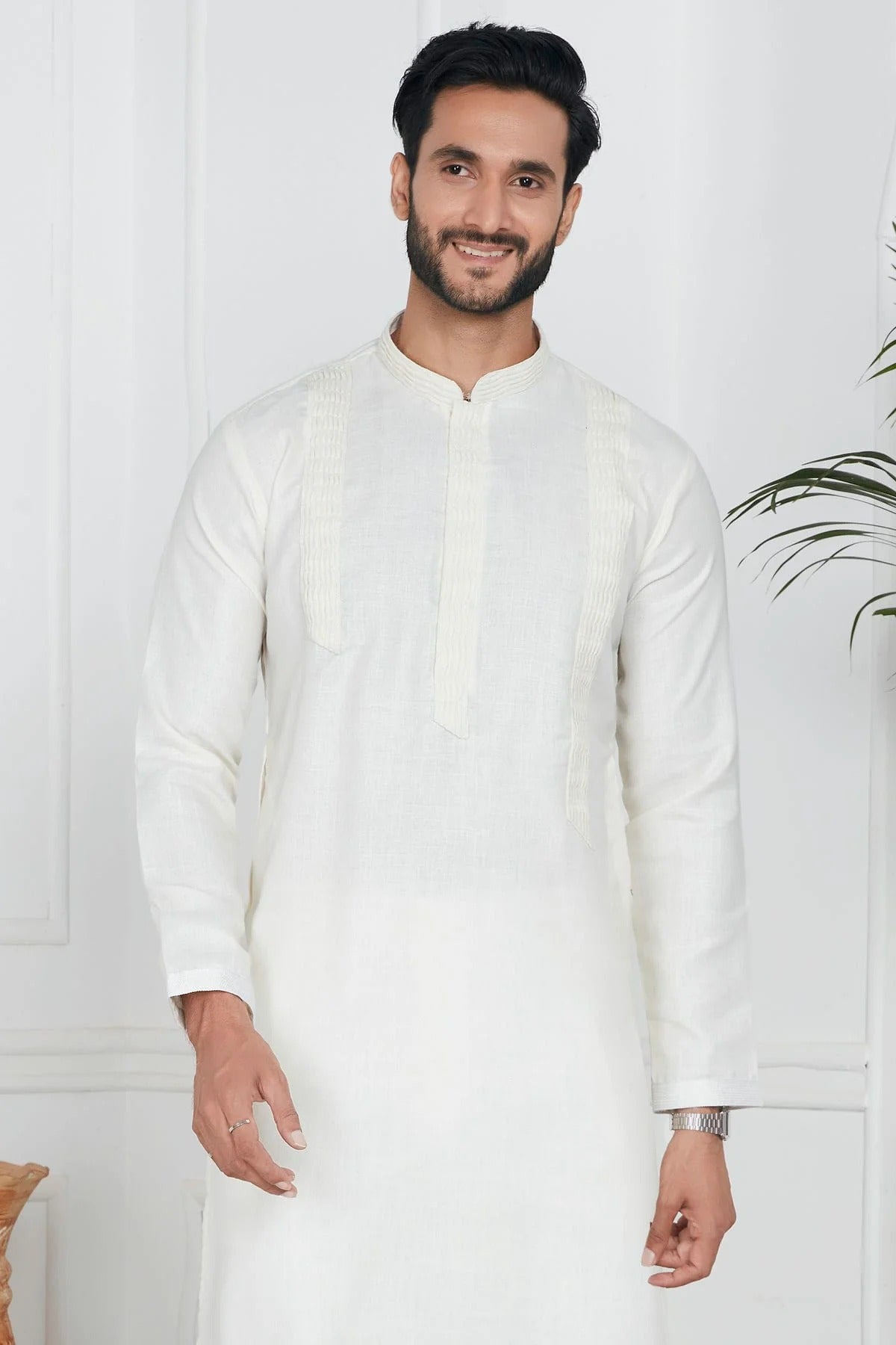 Cream Colour Linen Cotton Pintex Work Kurta Pajama KP1230124 B