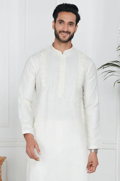 Cream Colour Linen Cotton Pintex Work Kurta Pajama KP1230124 B
