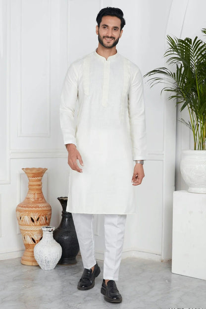 Cream Colour Linen Cotton Pintex Work Kurta Pajama KP1230124
