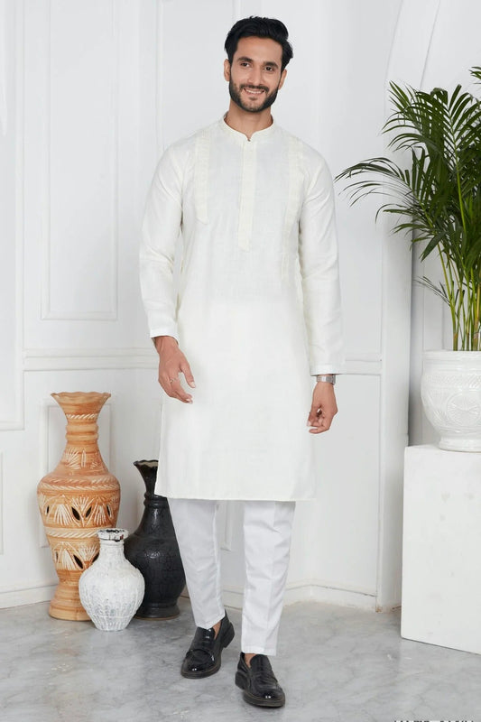 Cream Colour Linen Cotton Pintex Work Kurta Pajama KP1230124