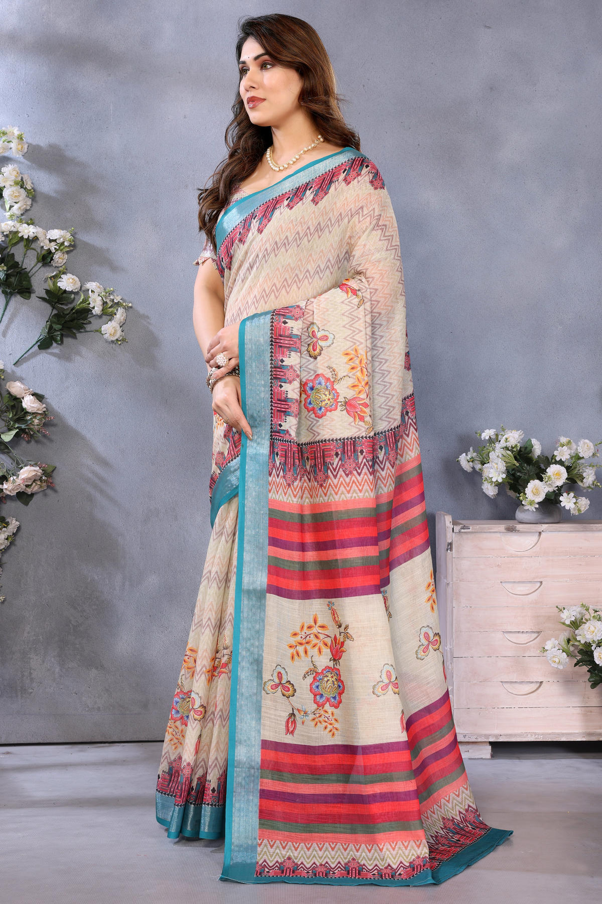 Cream Colour Linen Cotton Printed Saree