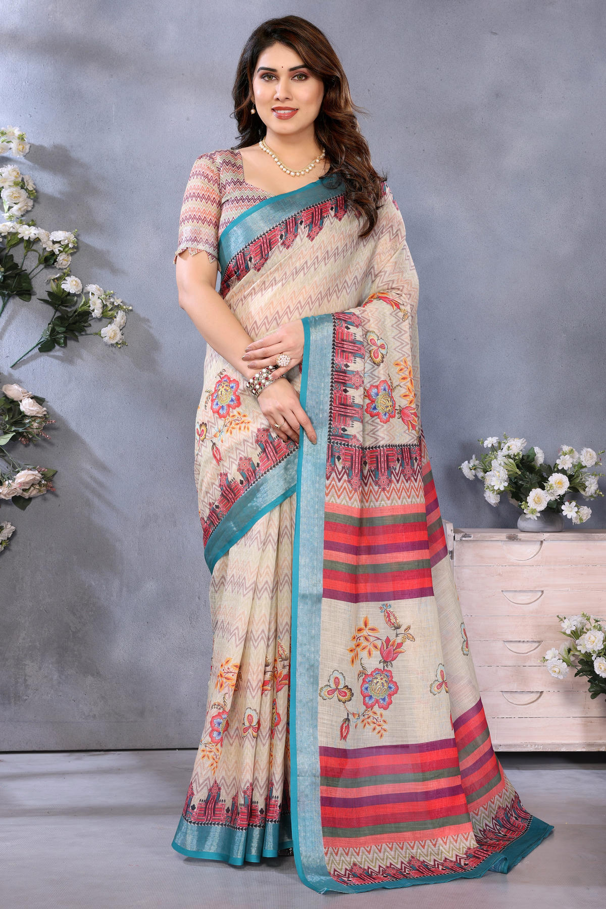 Cream Colour Linen Cotton Printed Saree