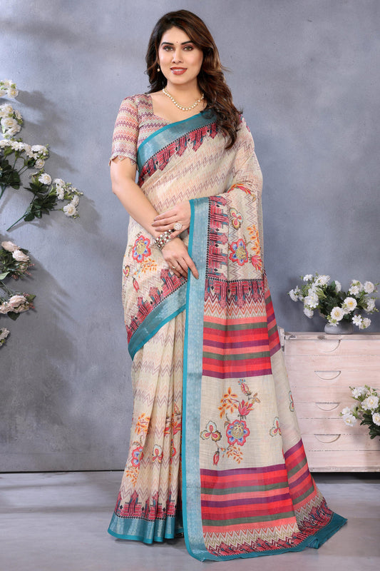 Cream Colour Linen Cotton Printed Saree