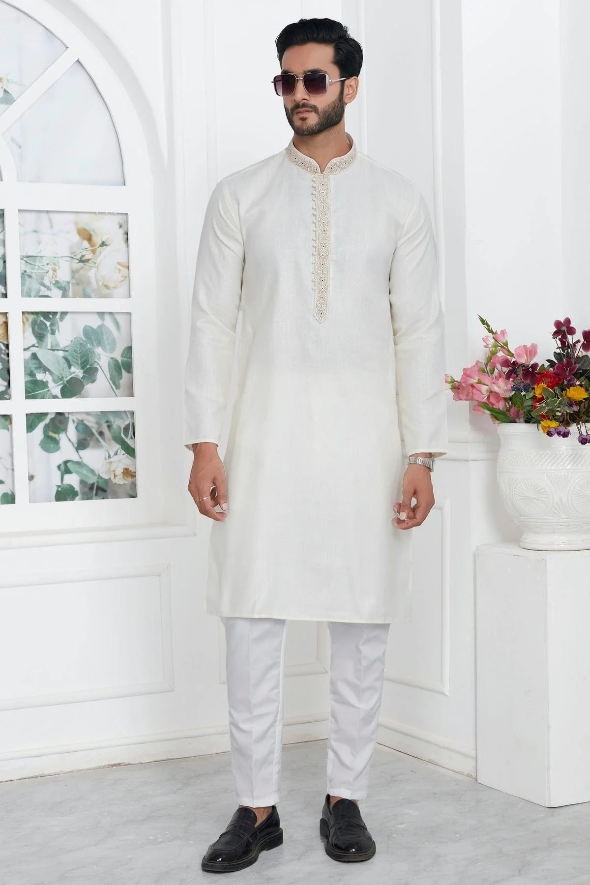 Cream Colour Linen Cotton Thread Work Kurta Pajama KP1230141 A
