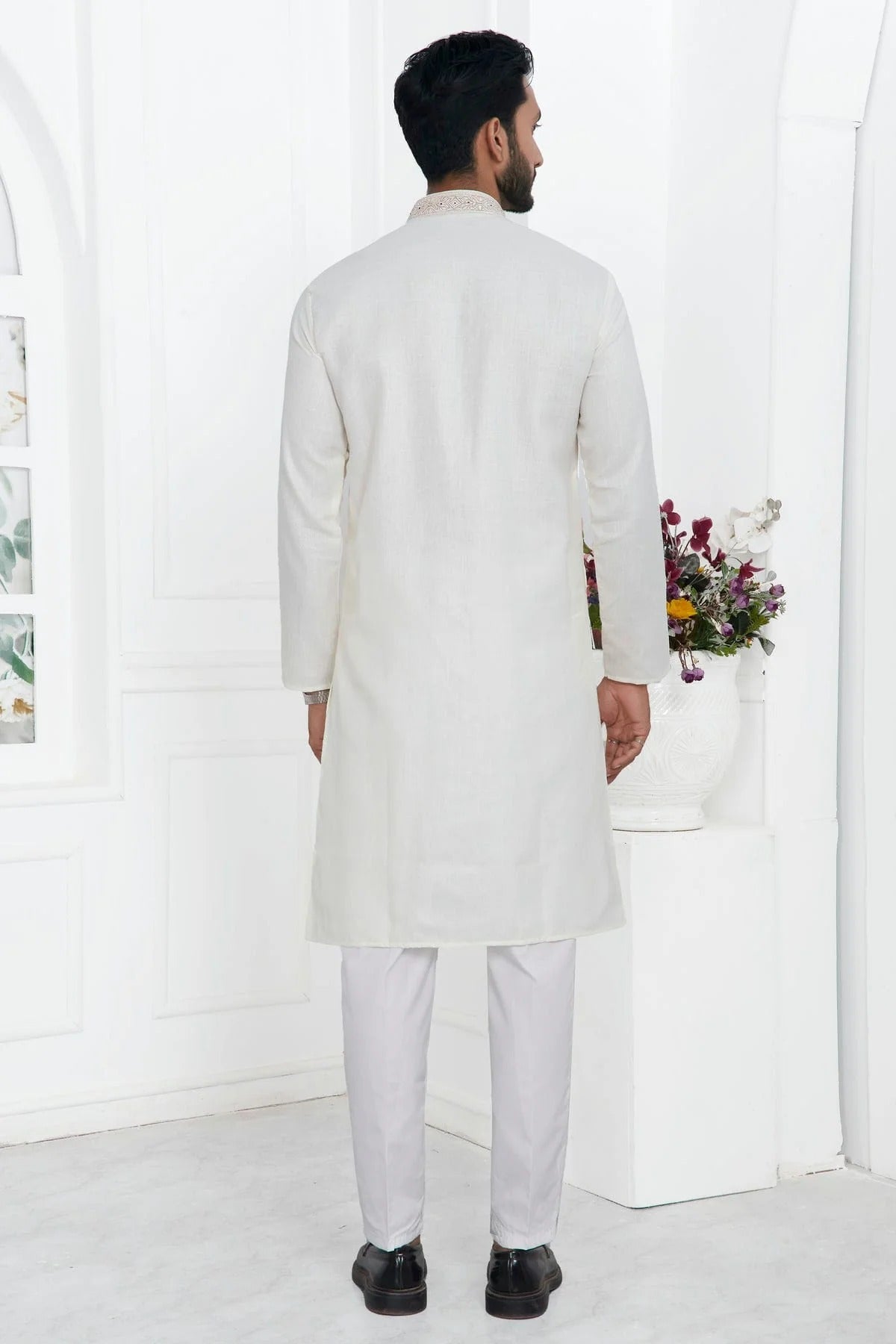 Cream Colour Linen Cotton Thread Work Kurta Pajama KP1230141 B