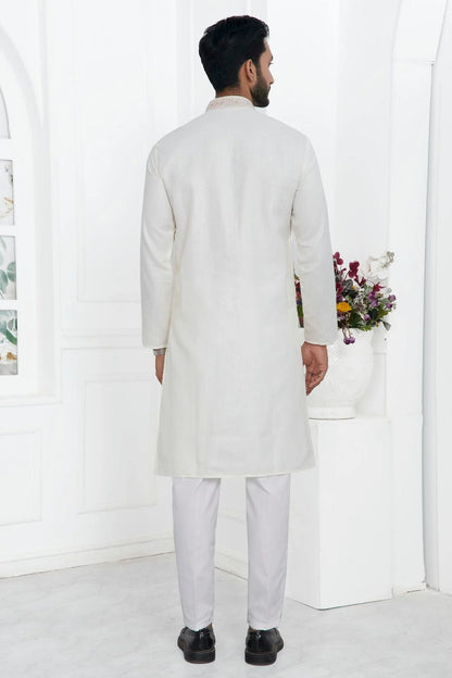 Cream Colour Linen Cotton Thread Work Kurta Pajama KP1230141 B