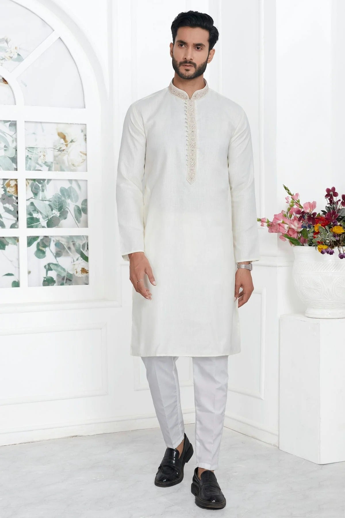 Cream Colour Linen Cotton Thread Work Kurta Pajama KP1230141