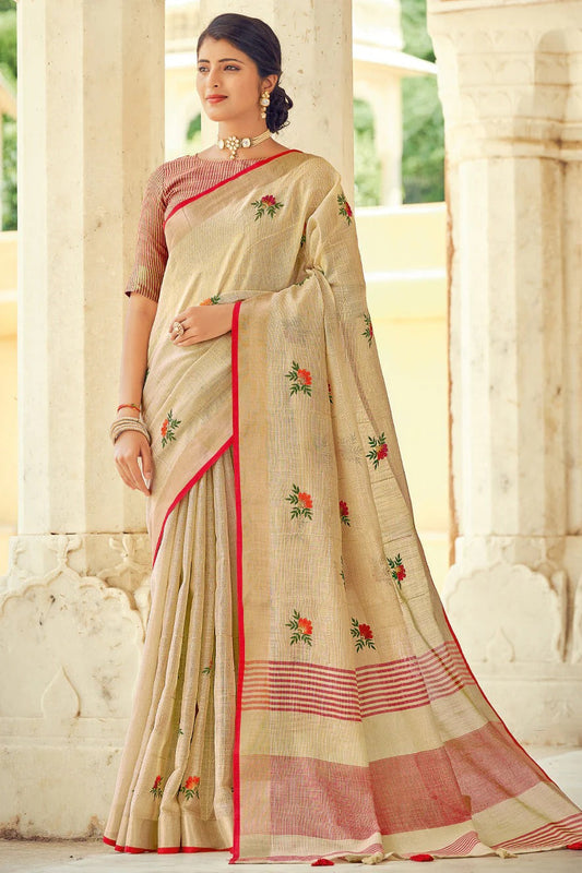 Cream Colour Linen Traditional Saree In Woven Work SD1101243