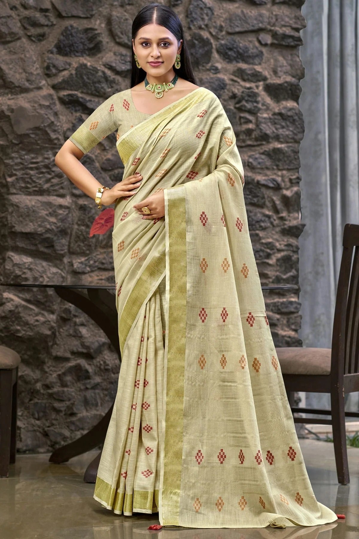 Cream Colour Linen Woven Work Traditional Saree SD1103137