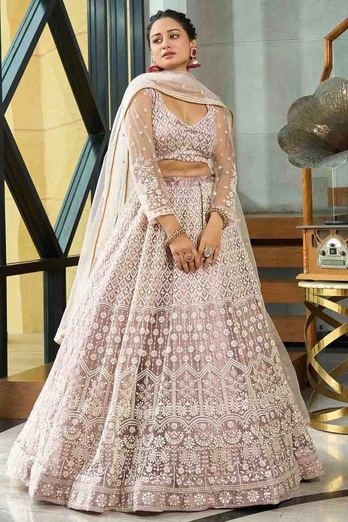 Cream Colour Net Semi Stitched Lehenga Choli LC1170097 A