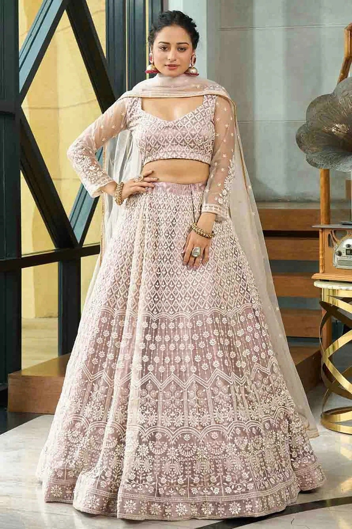 Cream Colour Net Semi Stitched Lehenga Choli LC1170097