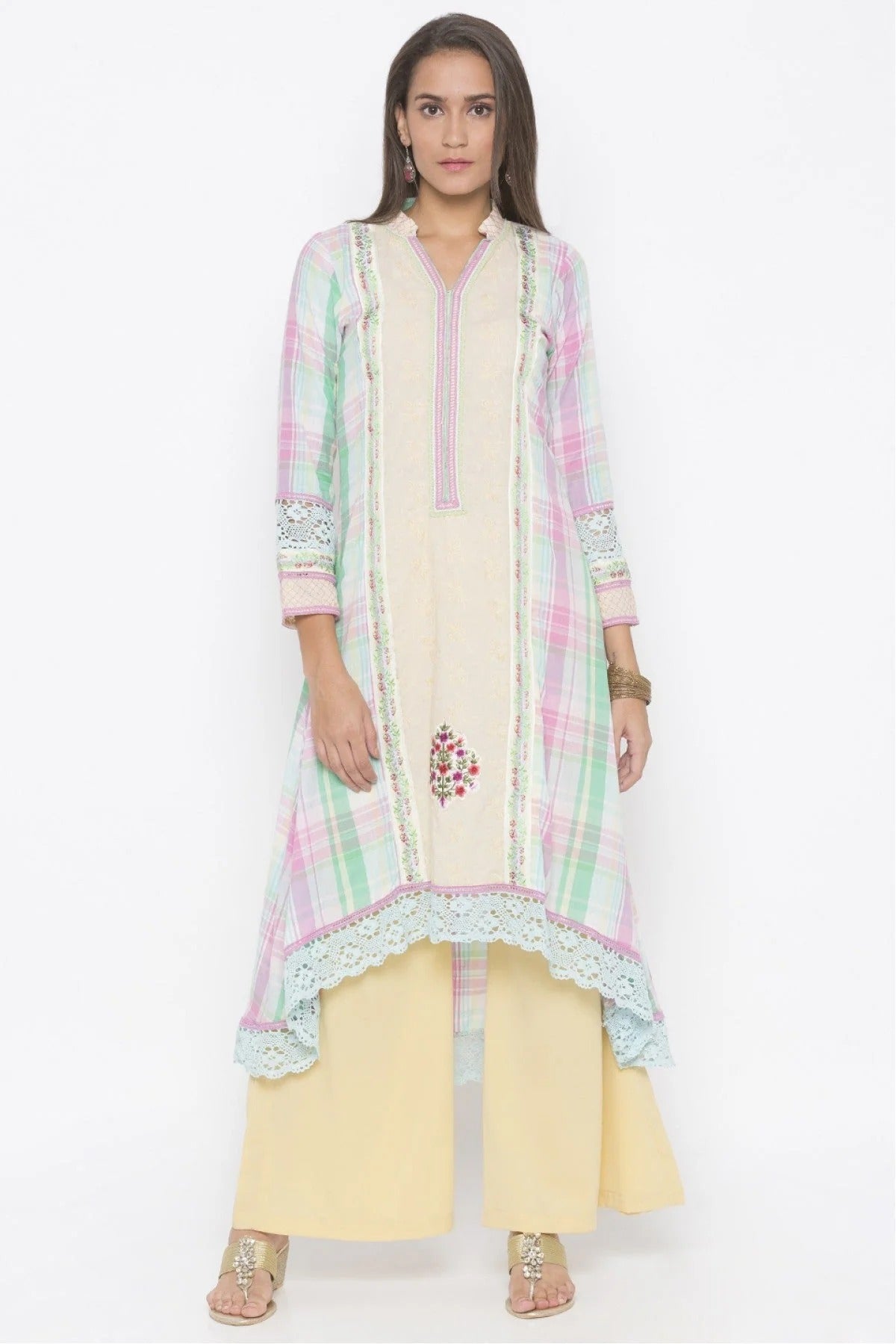 Cream Colour Plus Size Cotton Embroidery Kurta Set KR1070513