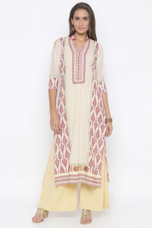 Cream Colour Plus Size Cotton Embroidery Kurta Set KR1070549