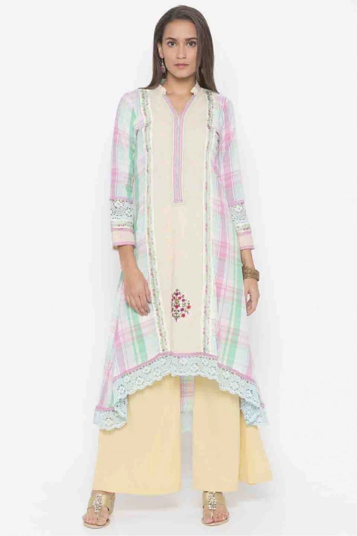 Cream Colour Plus Size Cotton Embroidery Kurti KR1070378