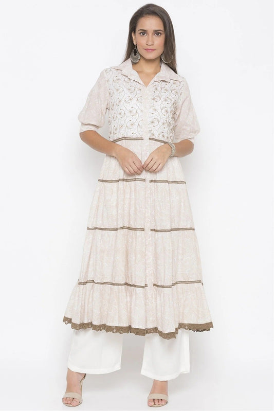 Cream Colour Plus Size Cotton Embroidery Kurti KR1070592