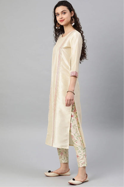 Cream Colour Plus Size Poly Silk Kurta Set KR1060130 A