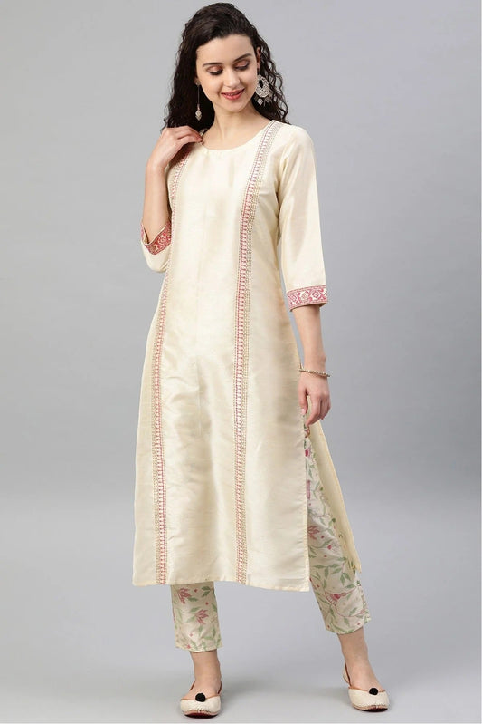 Cream Colour Plus Size Poly Silk Kurta Set KR1060130