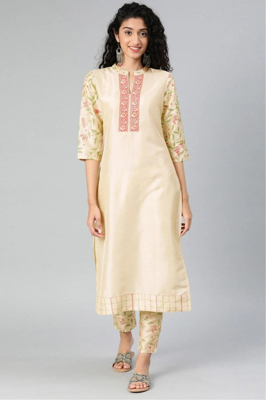 Cream Colour Plus Size Poly Silk Kurta Set KR1060131
