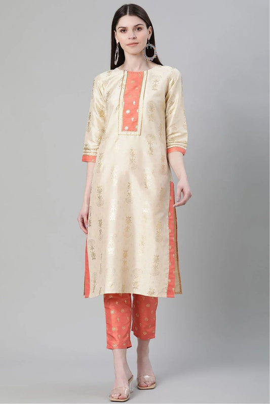 Cream Colour Plus Size Poly Silk Printed Kurta Pant Set KR1060055
