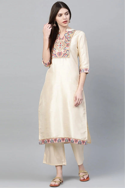 Cream Colour Plus Size Poly Silk Straight Kurta Palazzo Set KR1060013 A