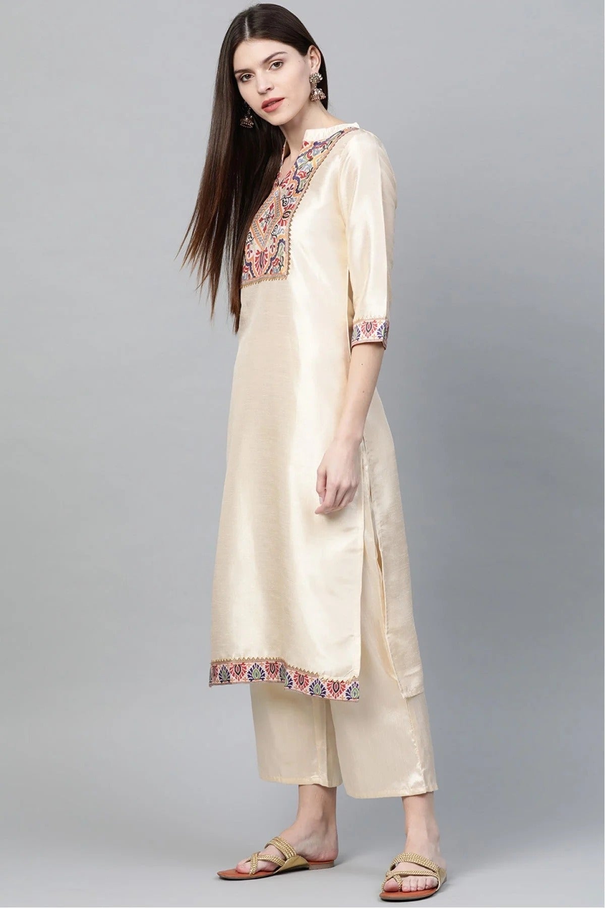 Cream Colour Plus Size Poly Silk Straight Kurta Palazzo Set KR1060013 B