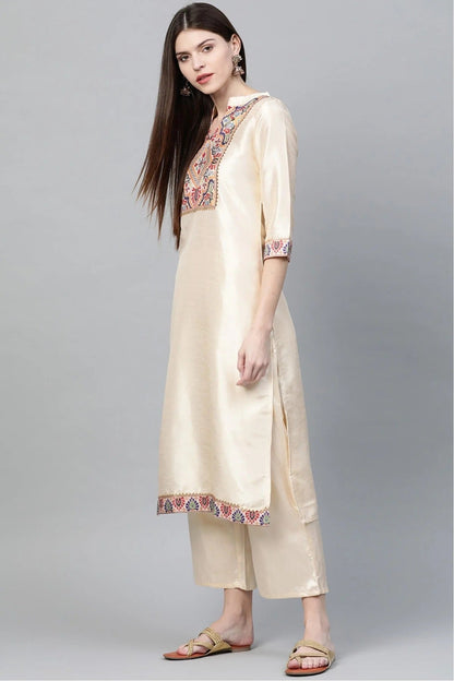 Cream Colour Plus Size Poly Silk Straight Kurta Palazzo Set KR1060013 B