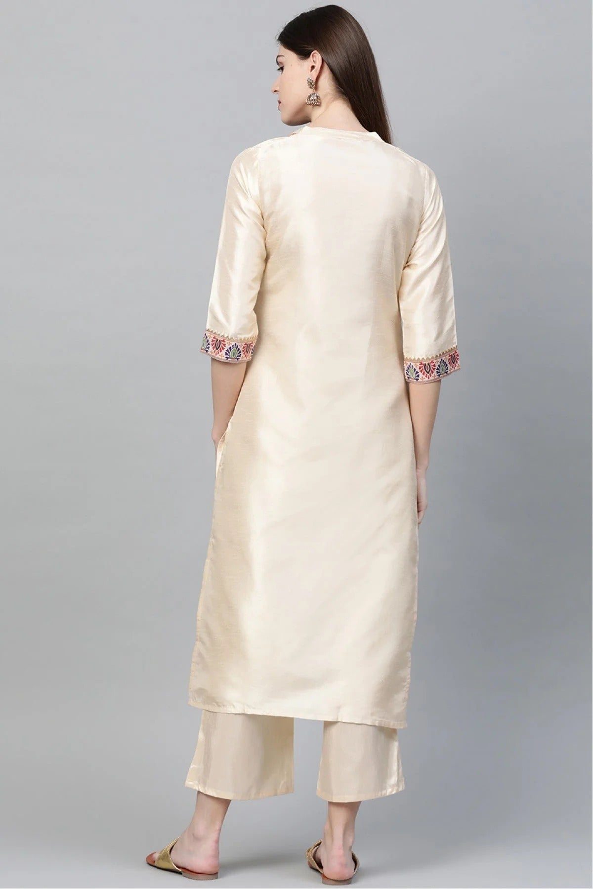 Cream Colour Plus Size Poly Silk Straight Kurta Palazzo Set KR1060013 C