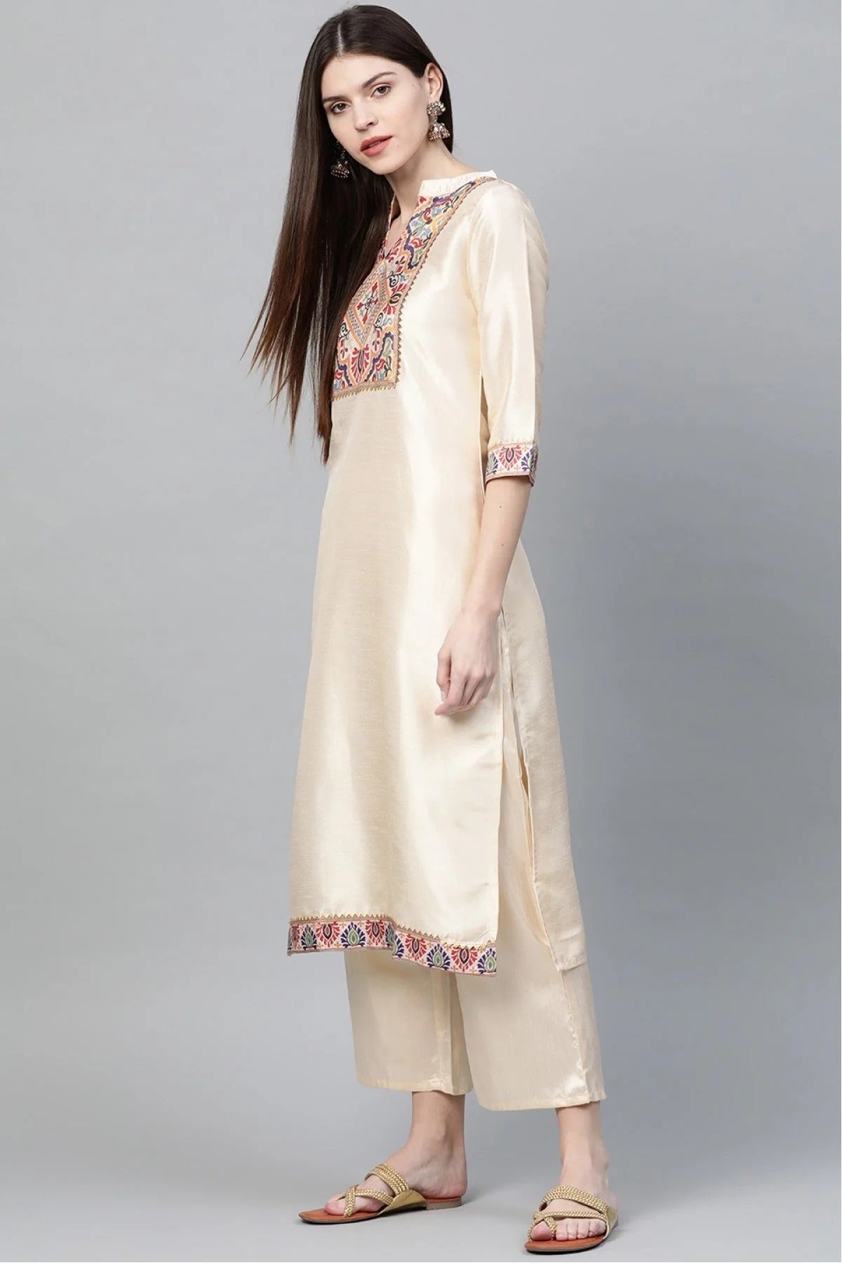 Cream Colour Plus Size Poly Silk Straight Kurti KR1060221 A