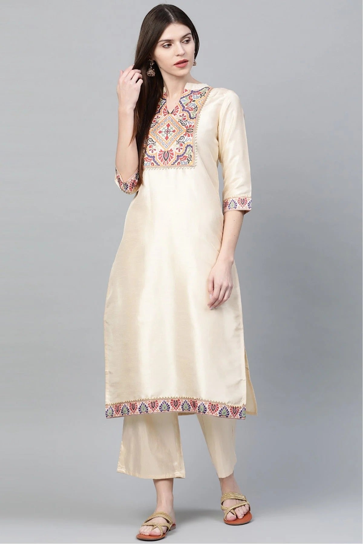 Cream Colour Plus Size Poly Silk Straight Kurti KR1060221