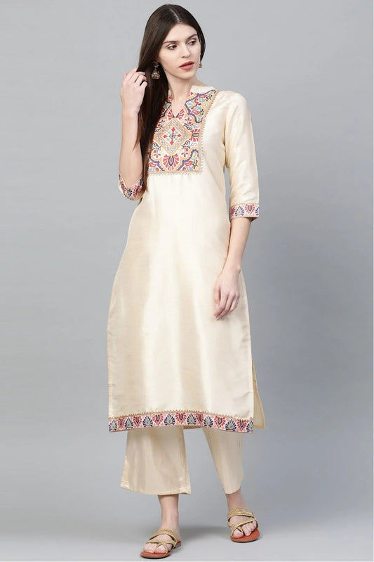 Cream Colour Plus Size Poly Silk Straight Kurti KR1060221