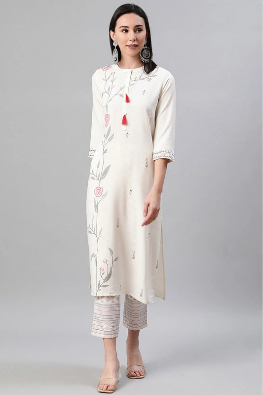 Cream Colour Plus Size Rayon Foil Print Kurti With Pant Set KR1060072