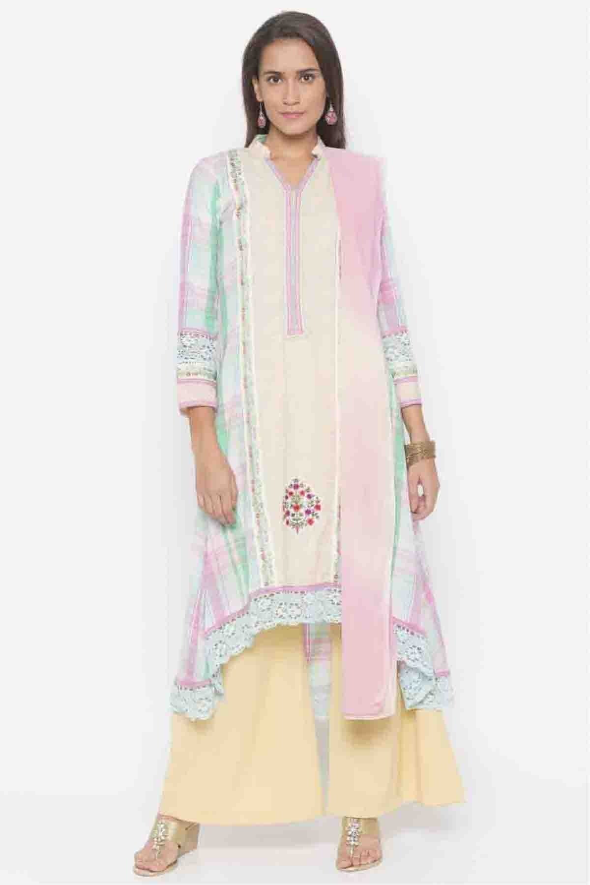 Cream Colour Plus Size Stitched Cotton Embroidery Palazzo Pant Suit BW1070221