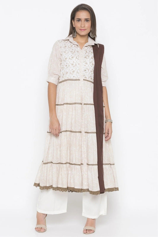 Cream Colour Plus Size Stitched Cotton Embroidery Palazzo Pant Suit BW1070289
