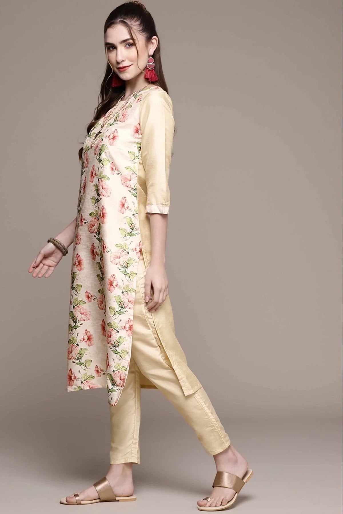 Cream Colour Poly Silk Digital Print Kurta With Pant KR1060152 A