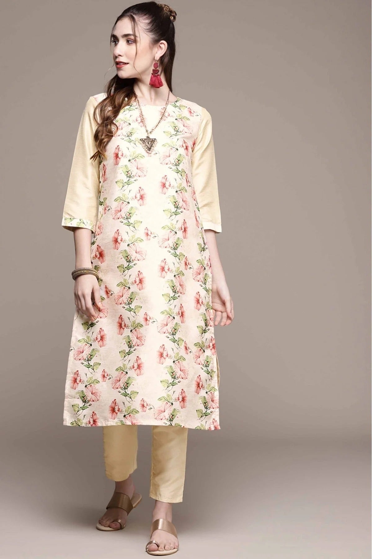 Cream Colour Poly Silk Digital Print Kurta With Pant KR1060152