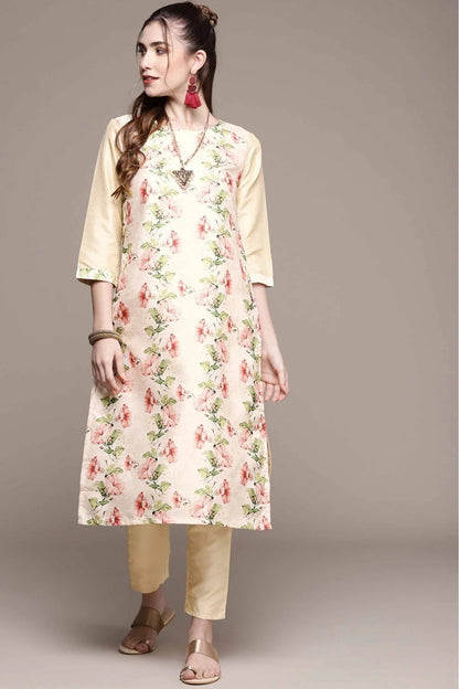 Cream Colour Poly Silk Digital Print Kurta With Pant KR1060152