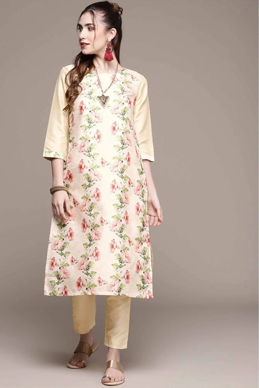Cream Colour Poly Silk Digital Print Kurta With Pant KR1060152