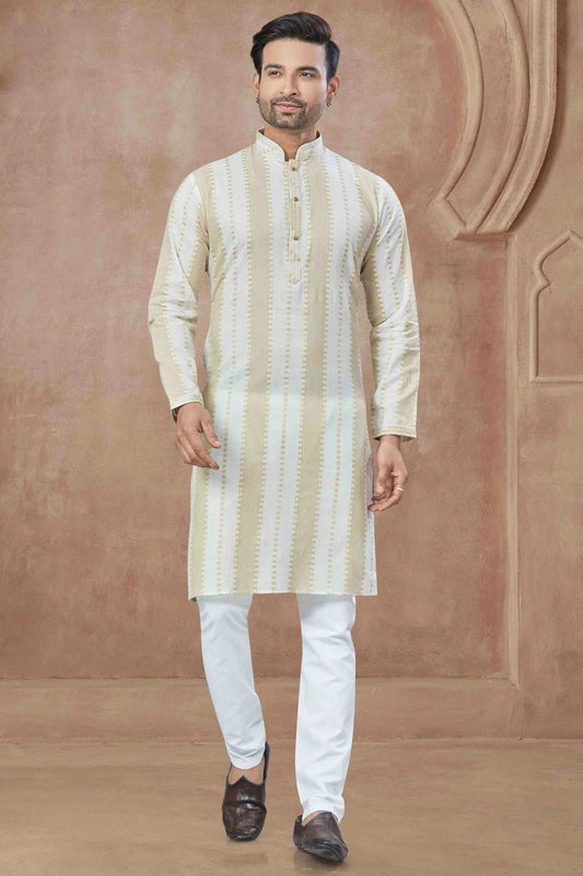 Cream Colour Printed and Pintex Work Cotton Kurta Pajama KP1113441
