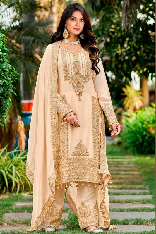 Cream Colour Pure Chinon Pant Style Suit SM1140122