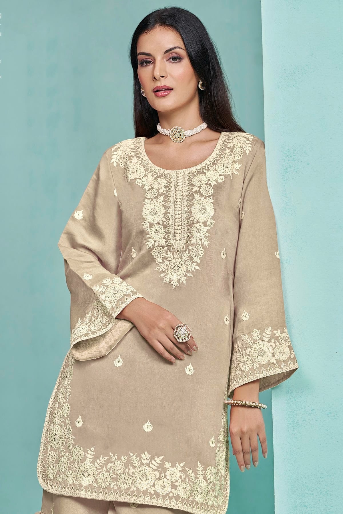 Cream Colour Roman Silk Sharara Suit SM1050557 A