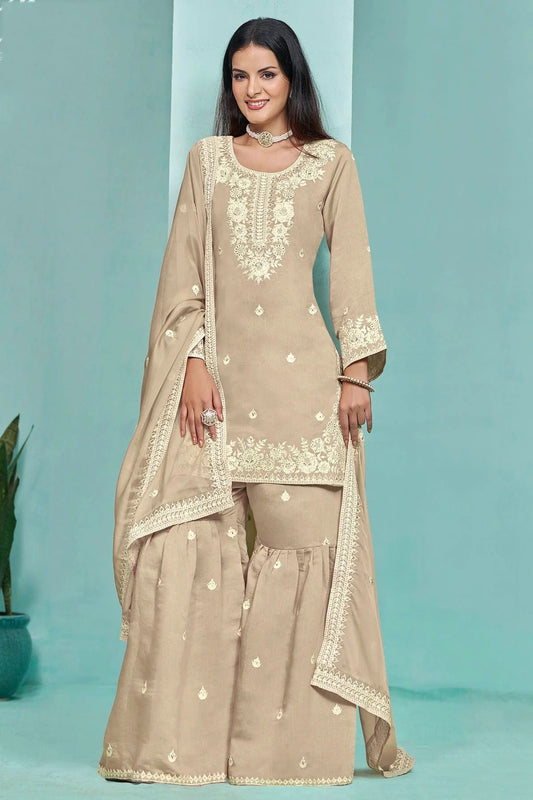 Cream Colour Roman Silk Sharara Suit SM1050557