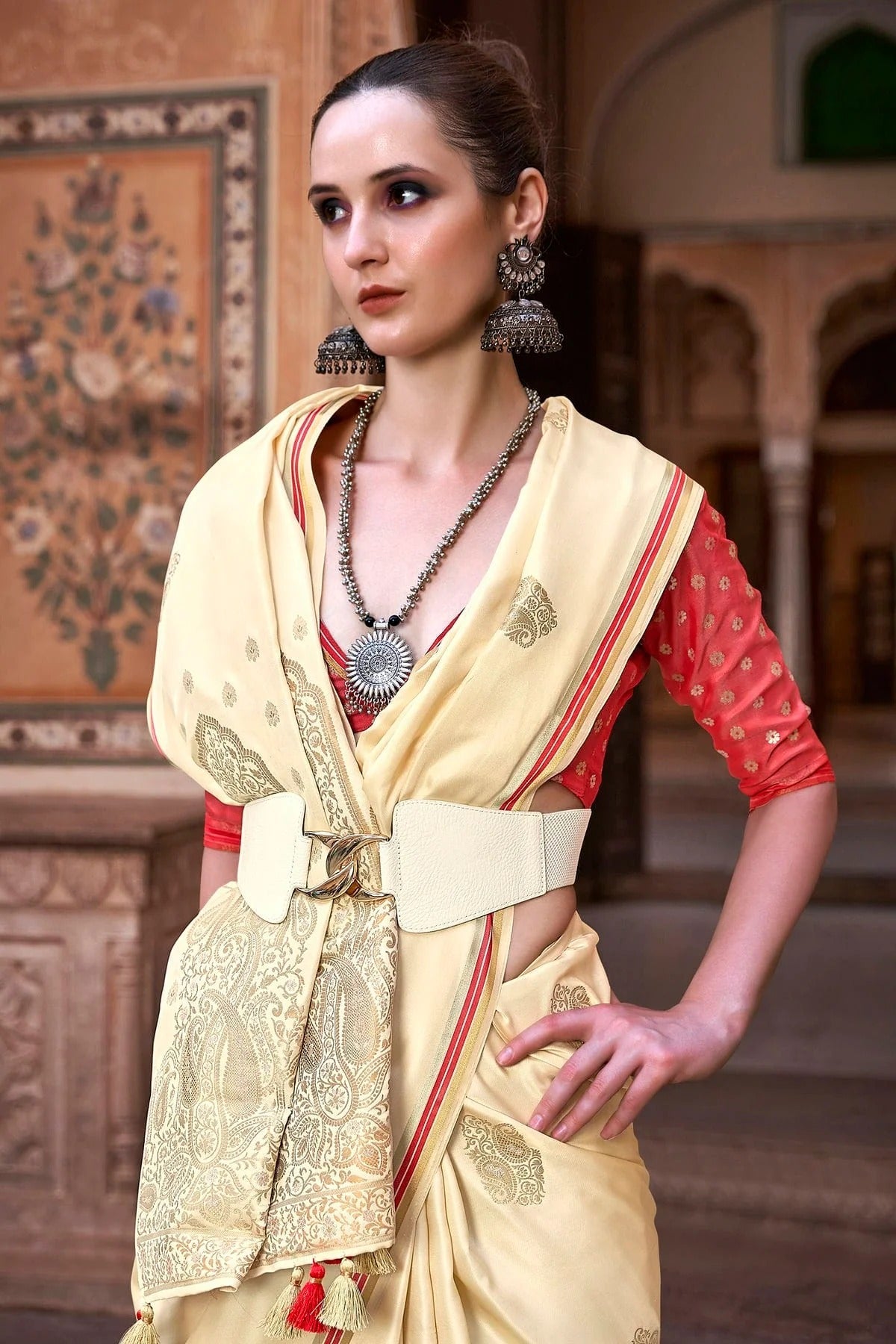 Cream Colour Satin Silk Saree SD1110189 A
