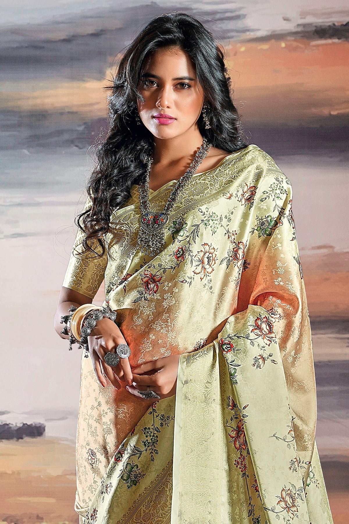 Cream Colour Satin Traditional Saree SD1290238 A