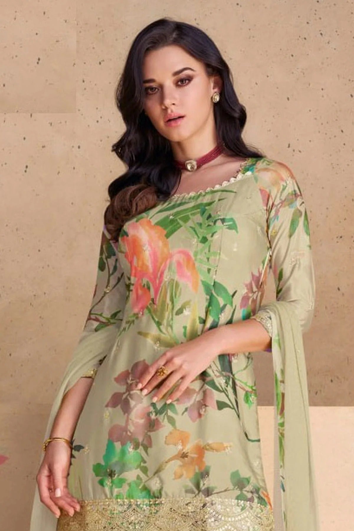 Cream Colour Semi Stitched Chinon Palazzo Pant Suit SM1140235 A