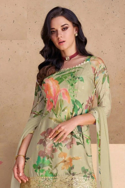 Cream Colour Semi Stitched Chinon Palazzo Pant Suit SM1140235 A