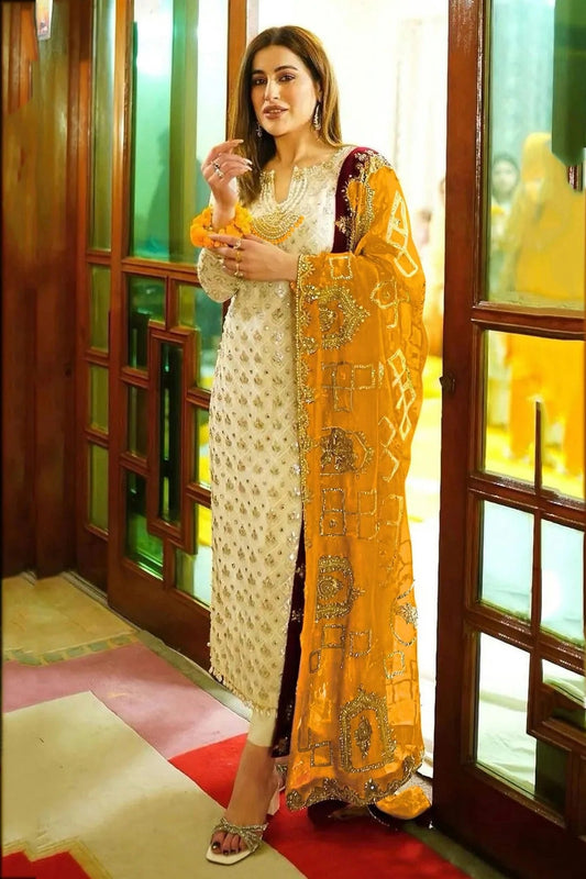 Cream Colour Semi Stitched Faux Georgette Pakistani Suit SM1140133