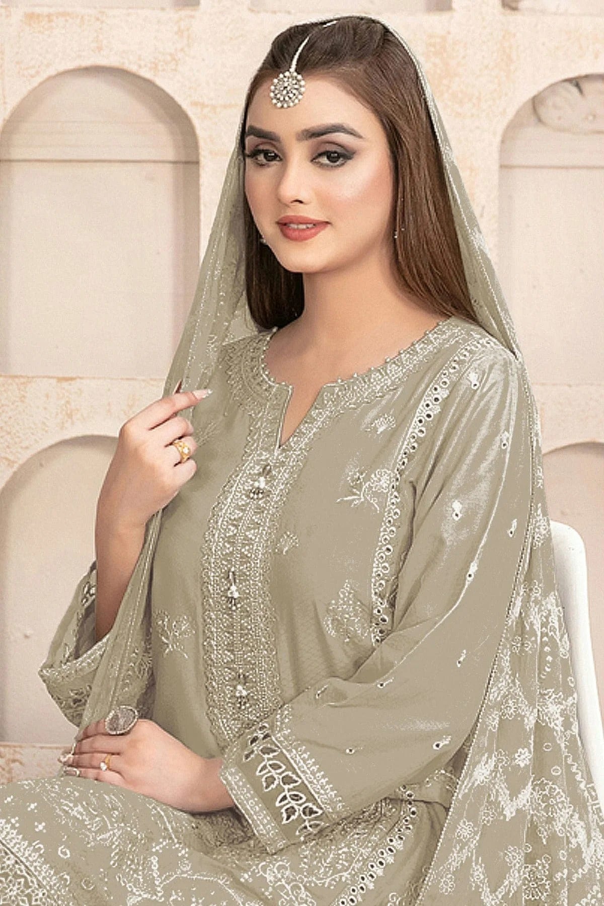 Cream Colour Semi Stitched Faux Georgette Pakistani Suit SM1140188 A