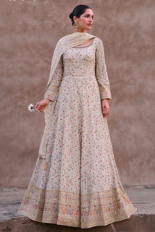 Cream Colour Semi Stitched Georgette Anarkali Suit SM1140260