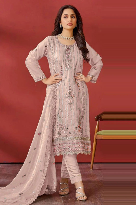 Cream Colour Semi Stitched Organza Pakistani Suit SM1140173